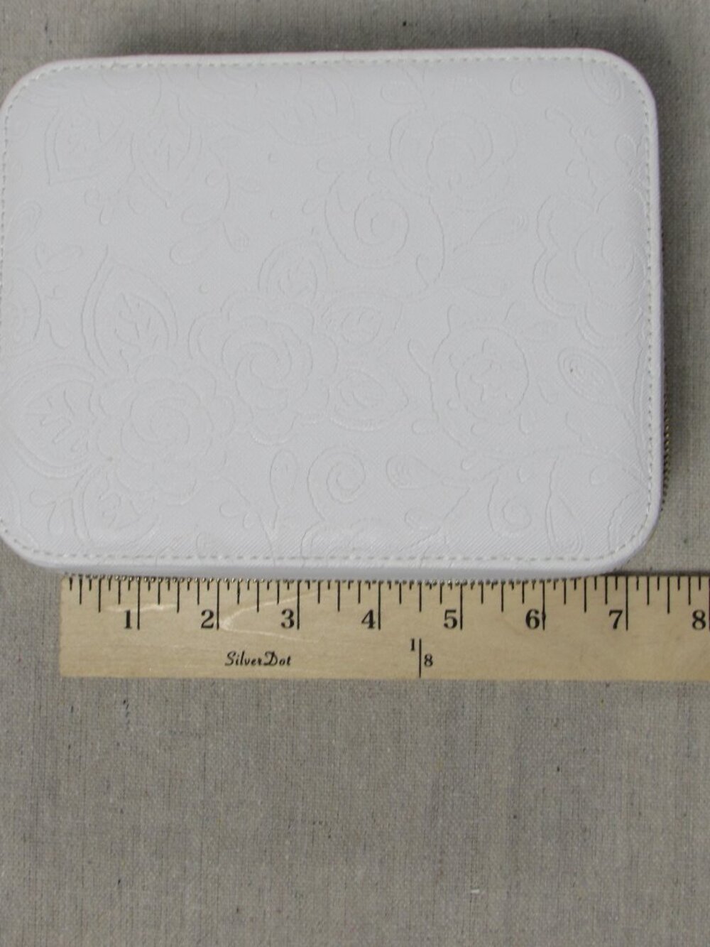 Pandora White Travel Jewelry Box Embossed Floral Gold Zipper Gray Velvet Lining - Picture 11 of 16